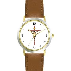 Jesus Christ on Cross or Crucifix Christian Theme - WATCHBUDDY® DELUXE TWO-TONE THEME WATCH - Arabic Numbers - Brown Leather Strap-Size-Large ( Men's Size or Jumbo Women's Size )