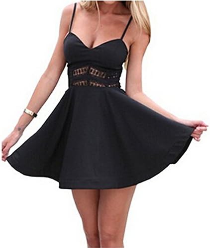 Women's Summer Spaghetti Strap Short Skater Beach Dress (M, Black)