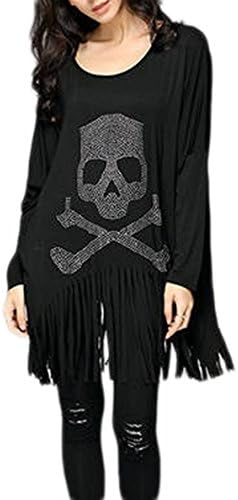 OriginC Women Long Sleeve Skull T Shirts Loose Blouses Long Tunic Tops (one size, black)