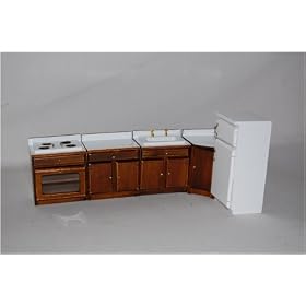 Dolls house walnut kitchen units with fridge