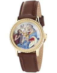 The P.S. Collection by Arjang and Co. Womens HY-1022G-DB "Madonna and Child with Young John The Baptist" Yellow Gold Colored Stainless Steel Mother Of Pearl Dial Brown Leather Strap Watch