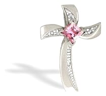 14K White Gold Square Created Pink Sapphire and Diamond Cross Pendant