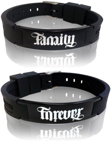 Ion Magnetic Power Energy 316L Black Stainless steel 2 Side Ambigram " Family " &amp; "Forever " Silicone Bracelet