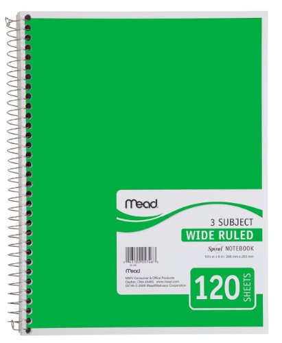 Mead Spiral Notebook, 3-Subject, 120-Count, Wide Ruled, Green (05746)