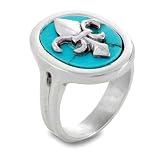 Stainless Steel Polished Turquoise Fleur De Lis Ring