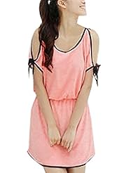 Short Sleeves Summer Cotton/Polyester Stretchy Cutout Piping Elasticized   Waistline Scoop Neck  Dress