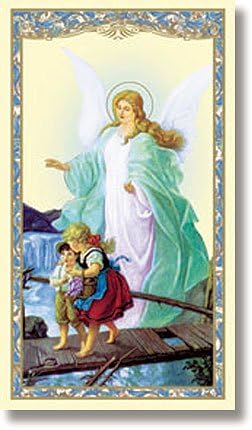 Guardian Angel with Children on Bridge Laminated Holy Card New Design