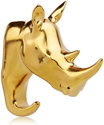MioOOs® Handmade Ceramic Animal Head Wall Hanging Sculpture Hook, 100% Jingdezhen Craft Faux Animal Head Wall Mount Decor, Decorative Hooks (Golden Rhinoceros)