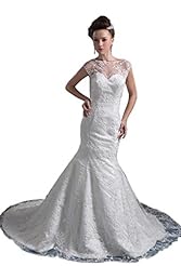 Bateau Neck Lace Applique  Dress with a Chapel Train 