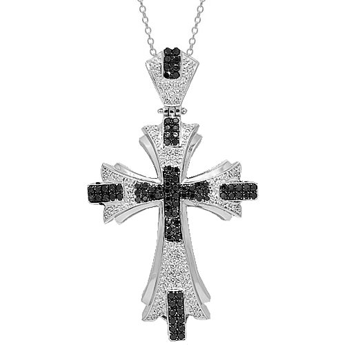 14K White Gold Mens Diamond Cross Pendant with Black Diamonds 3.00 Ctw