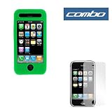 Dark Green Durable Flexible Soft Silicone Skin Case + Clear Reusable Full LCD Screen Protector for Apple Iphone 3G 2nd Generation Smartphone