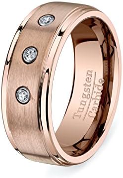 8mm Rose Gold Tungsten Ring Raised Brushed Center with High Polished Edges 3 Brilliant CZ Diamonds HIGH QUALITY Mens Wedding Band