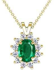 18K Yellow Gold Oval Cut Emerald And Round Diamond Pendant