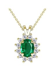 14K Yellow Gold Oval Cut Emerald And Round Diamond Pendant