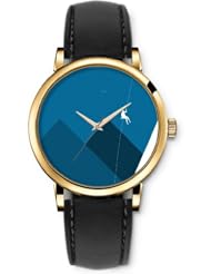 SPRAWL Aanalog Fashion Series Gold Ladies Watches of Genuine Black Leather Strap,Unique Wrist Watch for Women Girls Designed with man climbing