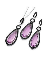 Sterling Silver Purple & Black CZ and Black Rhodium Finish Necklace and Earrings Set