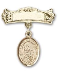 Gold Filled Baby Badge with St. Bernard of Montjoux Charm and Arched Polished Badge Pin