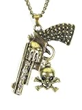 Skull and Revolver Necklace Crossbones Crystal Pistol Gun Skeleton Gothic Punk Fashion Jewelry