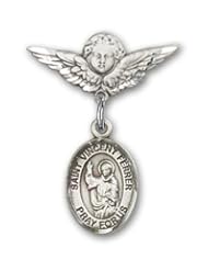 Sterling Silver Baby Badge with St. Vincent Ferrer Charm and Angel with Wings Badge Pin