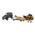 Bruder Jeep Wrangler Unlimited with car carrying trailer a CAT Skid Steer Loader
