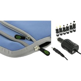2n1 Combo - Samsung N140-14B 10.1-Inch Netbook Neoprene Sleeve Slip Case and 12v Car Charger (Invisible Zipper Tri-Pocket - Blue)