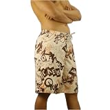 Mens Quiksilver brown boardshorts. Very high quality surf brand name board shorts with surf style hook and loop tie, head turning designs and custom logo embroidery. Great authentic trunks for swimming and surfing.