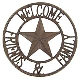 Aunt Chris' Products - Heavy Round Large Cast Iron ~ 'Welcome Friends & Family' Sign - Circle With A Star In The Middle - Old Country Western Design - Indoor or Outdoor Use - Bronze Rustic