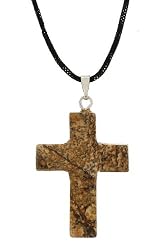 Genuine Picture Jasper Stone Cross Pendant on an Adjustable Cord Necklace (22 x 30 mm)
