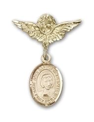 Gold Filled Baby Badge with St. John Baptist de la Salle Charm and Angel with Wings Badge Pin