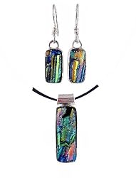 Pendant and Earrings Set - XS-21 - Genuine Handmade Dichroic Glass ~ All Findings and Earring wires are made of .925 Sterling Silver