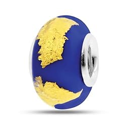 Navy Blue And Gold Foil Glass Bead In Sterling Silver