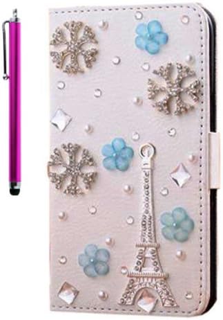 Aenmil(TM) 3D Bling Diamond PU Leather Wallet Case Cover for Apple iPhone 5S/5G and Free Gift Pink Touch Pen (Snowflake Eiffel)