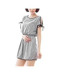 Short Elasticized   Waistline Piping Lace-Up Cutout Dolman Cotton Round Neck Mini Dress 
