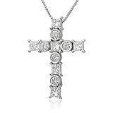 14K White Gold Cross Round and Princess Cut Diamond Pendant Necklace (HI, SI-I, 1.00 carat)