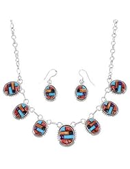 Silver Turquoise Multicolor Link Necklace Earrings Jewelry Set RS34189