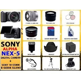 Sony Alpha Nex-5 Interchangeable Lens Digital Camera (Black) with Sony E-series 18-55mm F/3.5-5.6 OSS Lens W/shade + 8gb Huge Accessories Package