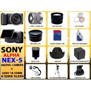 Sony Alpha Nex-5 Interchangeable Lens Digital Camera (Black) with Sony E-series 18-55mm F/3.5-5.6 OSS Lens W/shade + 8gb Huge Accessories Package