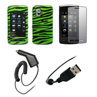 Premium Neon Green and Black Zebra Stripes Design Snap-On Cover Hard Case Cell Phone Protector + Crystal Clear LCD Screen Protector + Rapid Car Charger + USB Data Charge Sync Cable for LG Vu CU920 [Accessory Export Packaging]