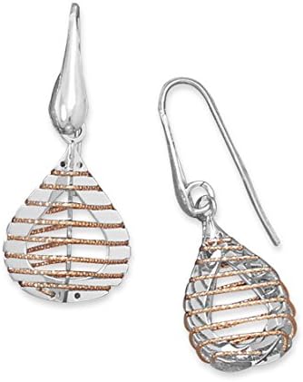 Two Tone Cage Design Earrings Rhodium plated sterling silver earrings with 3D pear shape drop wrapped with 14 karat rose gold plated wire. The drop is approximately 12mm x 19mm. The earrings hang approximately 1.5". .925 Sterling Silver