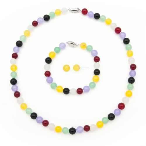Click To 8mm, Multicolor Round Jade Stone Necklace, Bracelet, and Stud Earring Set in Sterling Silver Details... 8mm, Multicolor Round Jade Stone Necklace, Bracelet, and Stud Earring Set in Sterling Silver