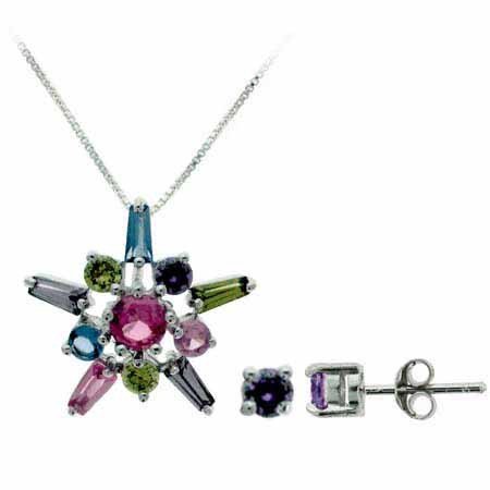 Sterling Silver Multi Color Flower and Simulated Amethyst cz Stud Earrings Set