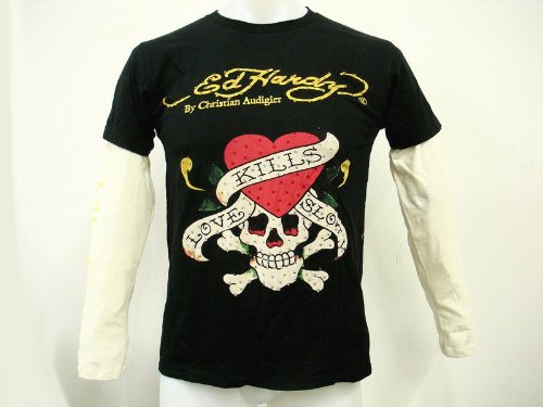 Ed Hardy Men's Black Long Sleeve L/S T-Shirt - Love Kills Slowly Crystals