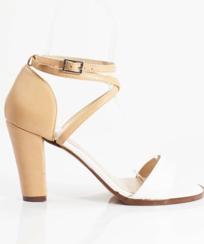 City Classified Rako Kitten Stacked Heel Open Toe Wrap Around Ankle Strap Single Heel Pump WHITE/TAN (7)