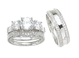3 Pieces Men's Women's His & Hers Engagement Wedding Ring Set (Hers Sizes 5-10) (His Sizes 8-12)