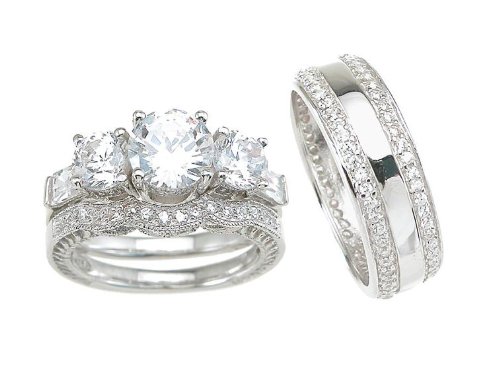 3 Pieces Men's Women's His & Hers Engagement Wedding Ring Set (Hers Sizes 5-10) (His Sizes 8-12)