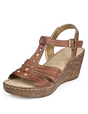Footglove™ Original Leather Wide Fit Stud Ruched T-Bar Wedge Sandals