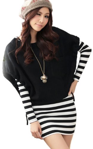 (ゴールドジャパン)Goldjapan アンサンブル 2点セット 長袖トップスワンピース ブラック ボーダー 黒