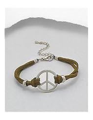 Light Brown Peace Symbol Artificial Suede Leather Bracelet In White Base