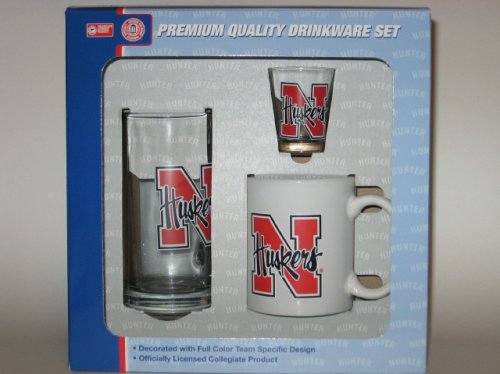 NEBRASKA CORNHUSKERS 3 Piece Team Logo COFFEE MUG / SHOT GLASS / Glass BEER MUG Set
