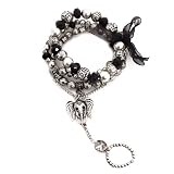 Bracelet And Connected Ring Burnished Silver Metal with Black Beads, Black Ribbon, Elephant Charm With Stretch Ring